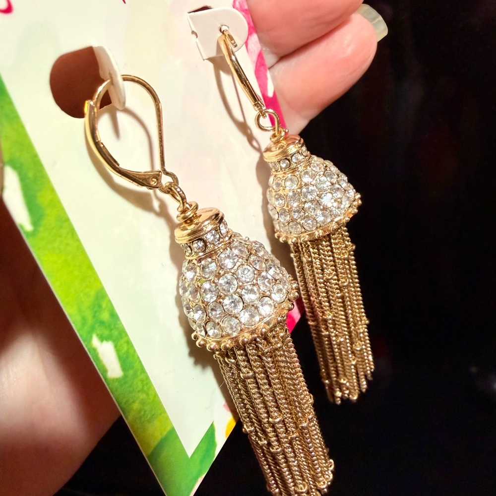 Lilly Pulitzer Earrings Gold Chain Tassel Crystal Earrings Pierced - Picture 4 of 7